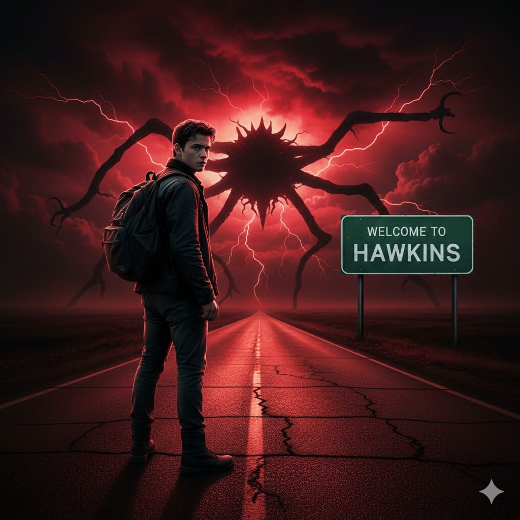The scene shows me, standing in the centre of a deserted and cracked asphalt road. He has his back to the horizon, but turns his face over his left shoulder to face the viewer with a serious expression. He wears a dark jacket, jeans and boots, carrying a backpack on his back. strong thin body To his right, set on the side of the road, there is a green traffic sign that reads "Welcome to Hawkins" in white letters. The background is dominated by an apocalyptic and supernatural atmosphere. The sky is tinged with an intense blood red and black, covered by voluminous and dark storm clouds. In the middle of these clouds, stands the colossal and dark silhouette of a creature with multiple long tentacles (similar to a giant spider), which seem to touch the ground in the distance. Branched red lightning cuts the sky around the creature, and the red light reflects intensely on the road surface and on the boy's silhouette