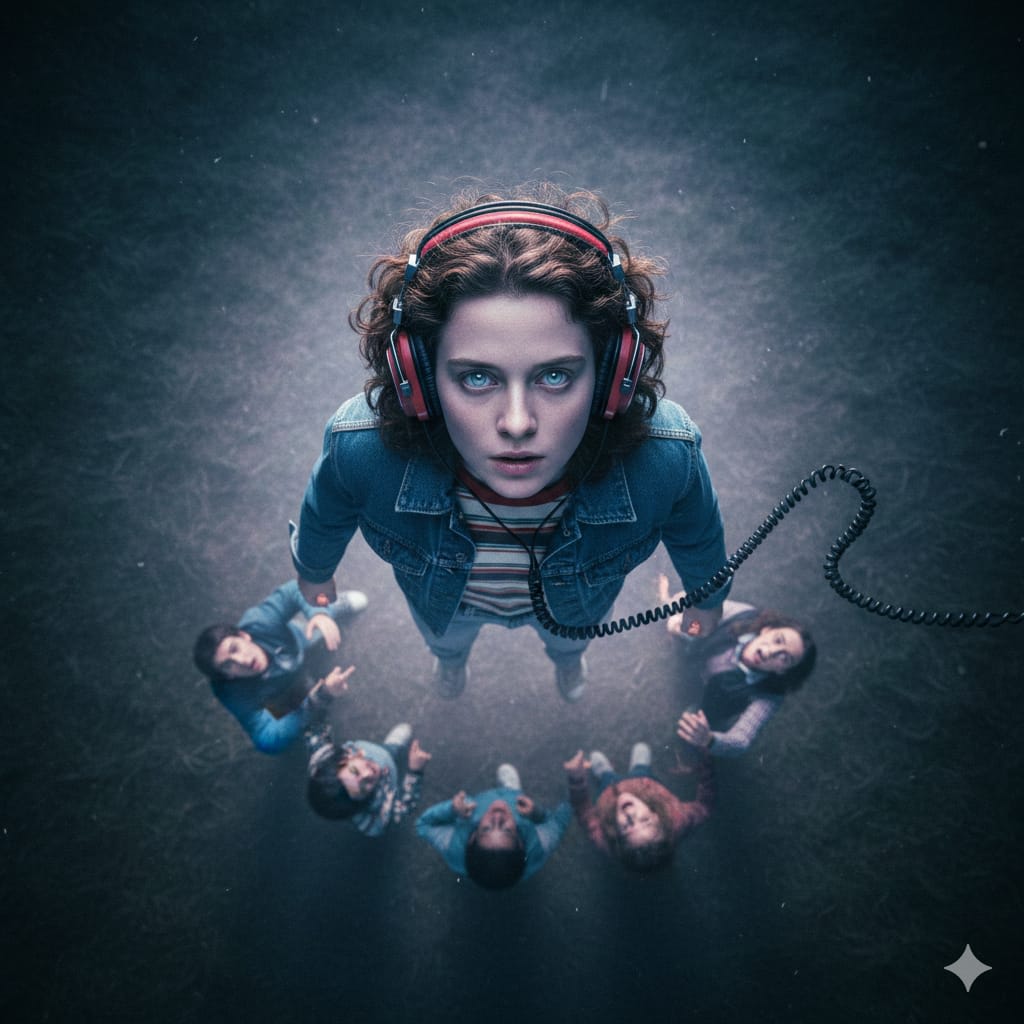 Create a cinematic Stranger Things-style scene where the person is floating in mid-air in a trance, just like the iconic Max Mayfield 'Vecna' moment. The camera angle is from above, looking down at the character's face as they levitate. Their eyes should appear glazed or blank, giving asupernatural possessed look. They are wearing retro headphones, with wires hanging naturally. The lighting is dramatic and moody, with soft shadows and a slightly desaturated cinematic color grade. The background is a grassy outdoor area with friends or figures looking up at them from below, slightly blurred. Keep the character's face perfectly natural, preserving their real identity and expression style, without over-editing. Capture the intense, eerie, emotional atmosphere of the Stranger Things scene