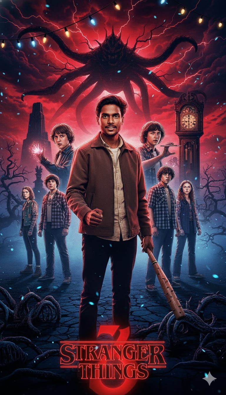 Generate an official Stranger Things season poster in the exact style Netflix's promotional key art, using the person in the reference photo as the central protagonist. Strictly respect every visual detail from the reference: face, hair, expression, lighting, clothing, and pose must be identical. Place the other main characters (eleven, Mike, Dustin, Lucas, Max, etc.) in the background in their classic poster poses. Include the iconic red Stranger Things logo typography, fog, Christmas lights, grandfather clock, Upside Down gate, and full retro 80s aesthetic exactly like the real poster.