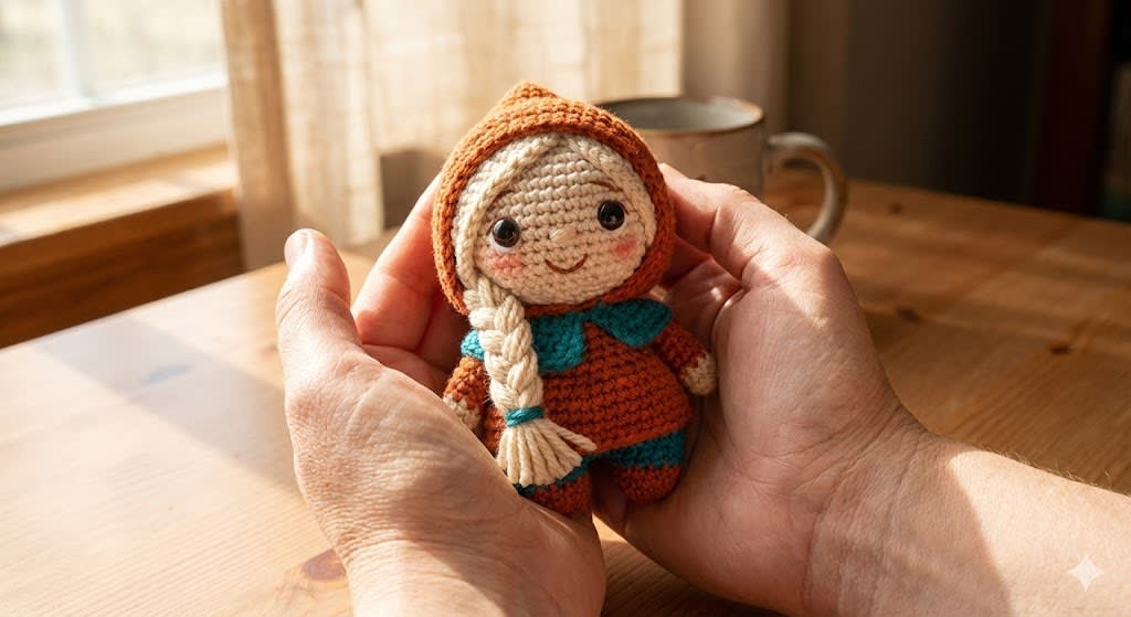 A close-up, professionally composed photograph showcasing a hand-crocheted yarn doll gently cradled by two hands. The doll has a rounded shape, featuring the cute chibi image of the [uploaded image] character, with vivid contrasting colors and rich details. The hands holding the doll are natural and gentle, with clearly visible finger postures, and natural skin texture and light/shadow transitions, conveying a warm and realistic touch. The background is slightly blurred, depicting an indoor environment with a warm wooden tabletop and natural light streaming in from a window, creating a comfortable and intimate atmosphere. The overall image conveys a sense of exquisite craftsmanship and cherished warmth.