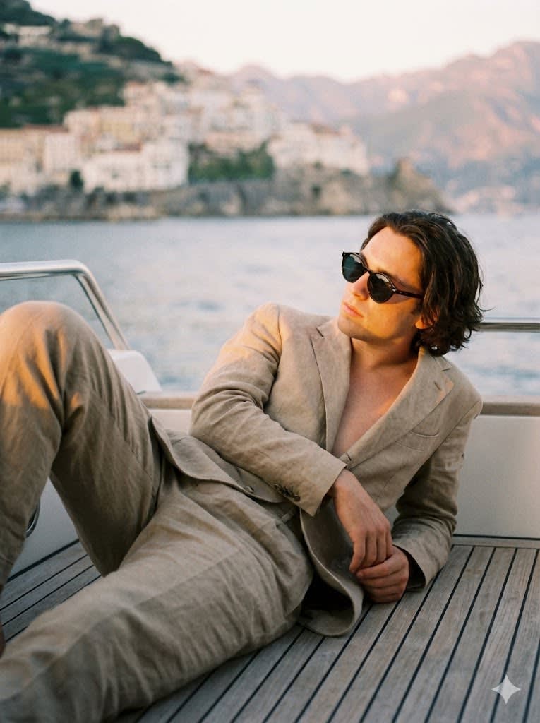 "A high-fashion editorial shot of a person relaxing on a private yacht deck during the golden hour. Wearing a beige linen suit and expensive sunglasses (optional). The background is the blurry Italian Amalfi coastline. Warm sunlight hitting the face, soft shadows, quiet luxury vibe, shot on 35mm film, grainy vintage texture. ar--3:4
