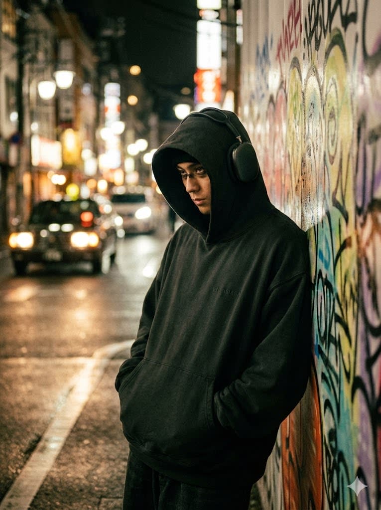 "Street photography style shot of a person wearing an oversized designer hoodie and headphones, leaning against a graffiti wall in Tokyo. Night time, bokeh street lights, moody atmosphere, shallow depth of field, canon photography, sharp eyes, urban aesthetic." ar--3:4