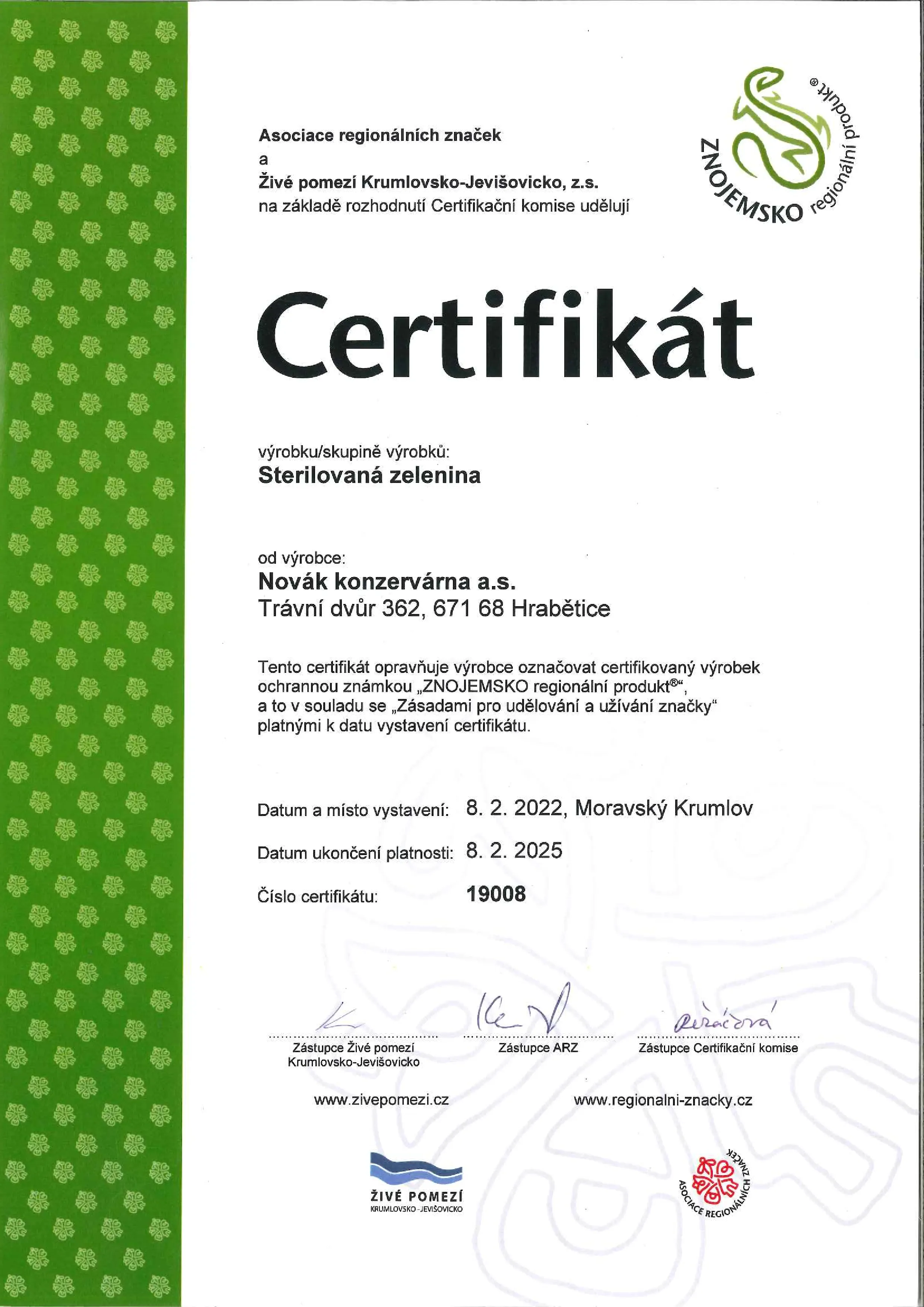 Certifikace Novák konzervárna a.s.