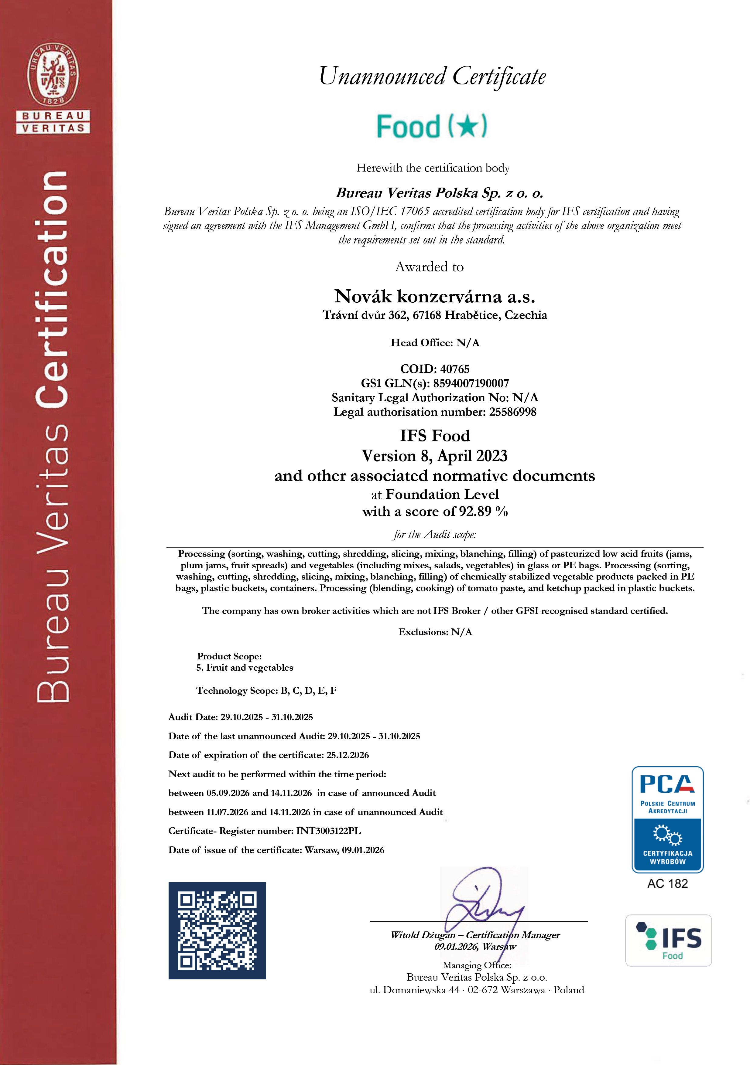 Certifications Novák konzervárna a.s.