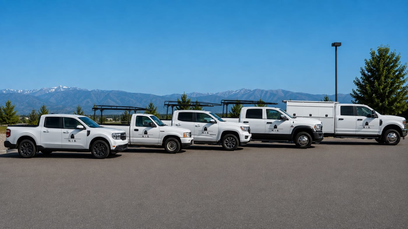 Line-up of work trucks sporting the N.I.B. LLC logo in a parking lot in front of a mountain range.