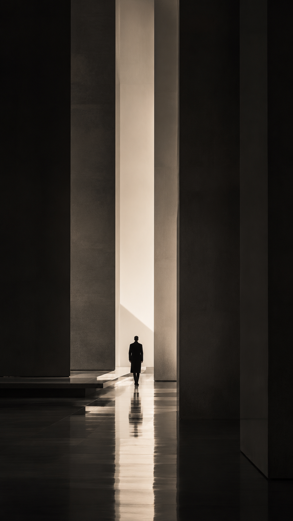 Silhouette of a Yuberg specialist between modern towering monoliths, featuring global performance marketing systems