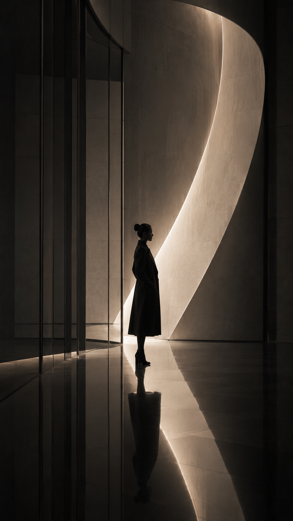 Silhouette of a female Yuberg strategist by a curved architectural wall, showcasing custom SaaS digital platforms