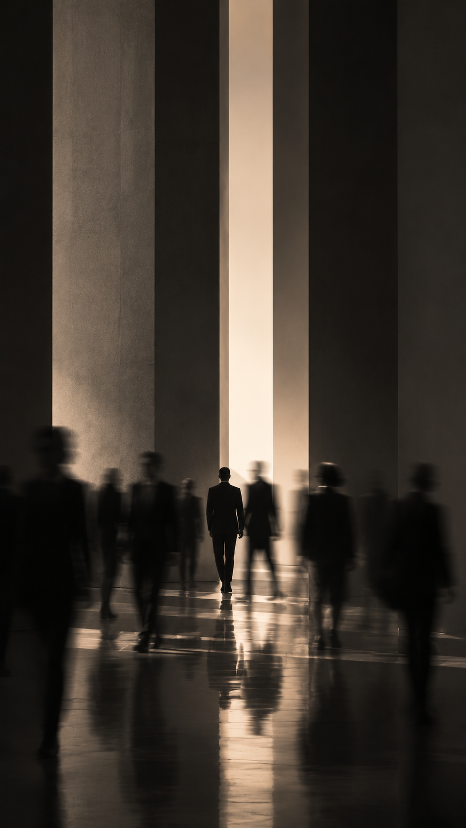 Silhouette of a Yuberg leader standing out in a moving crowd of blurred professionals, showing strategic growth
