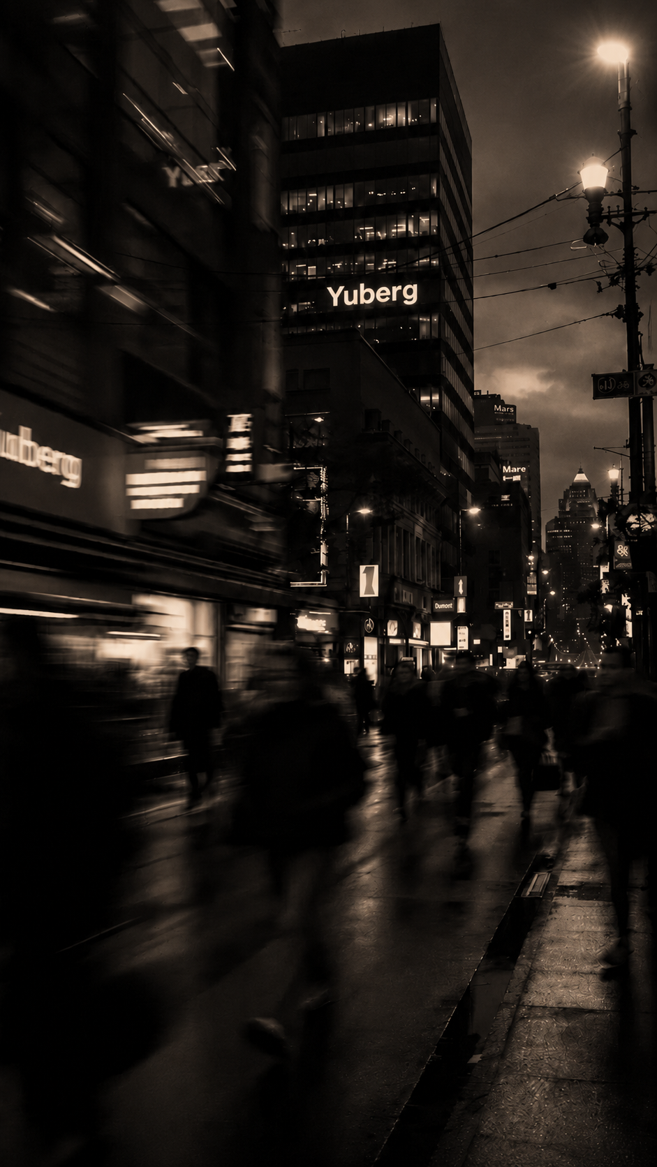 Motion-blurred city crowd walking past buildings with glowing Yuberg signage, showcasing global market scale.