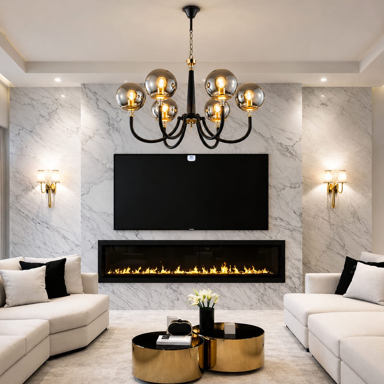 Modern Luxury 6-Light Glass Globe Chandelier in Matte Black and Gold