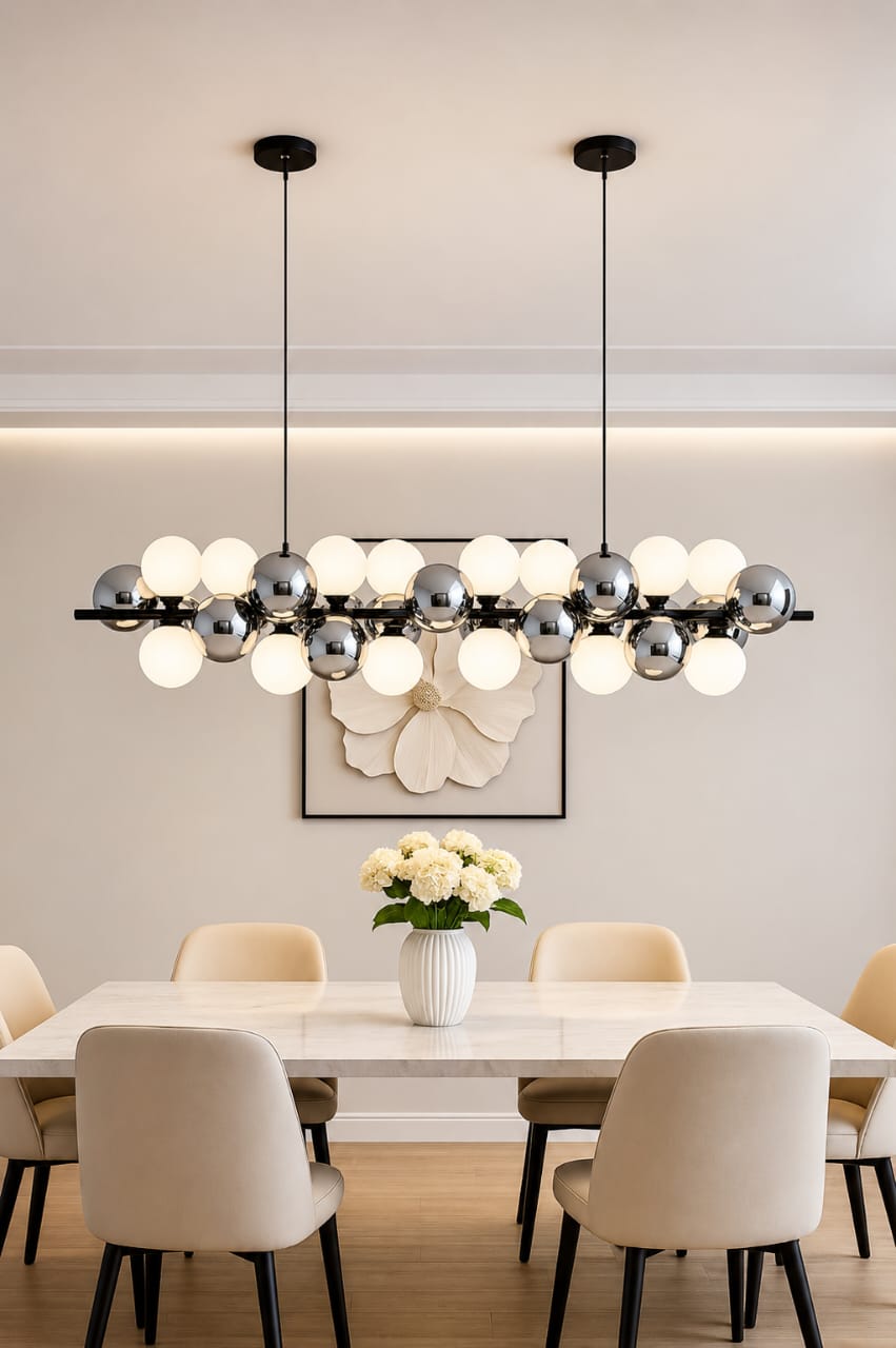 Modern Linear Globe Chandelier with Mixed Chrome and Frosted Glass Spheres