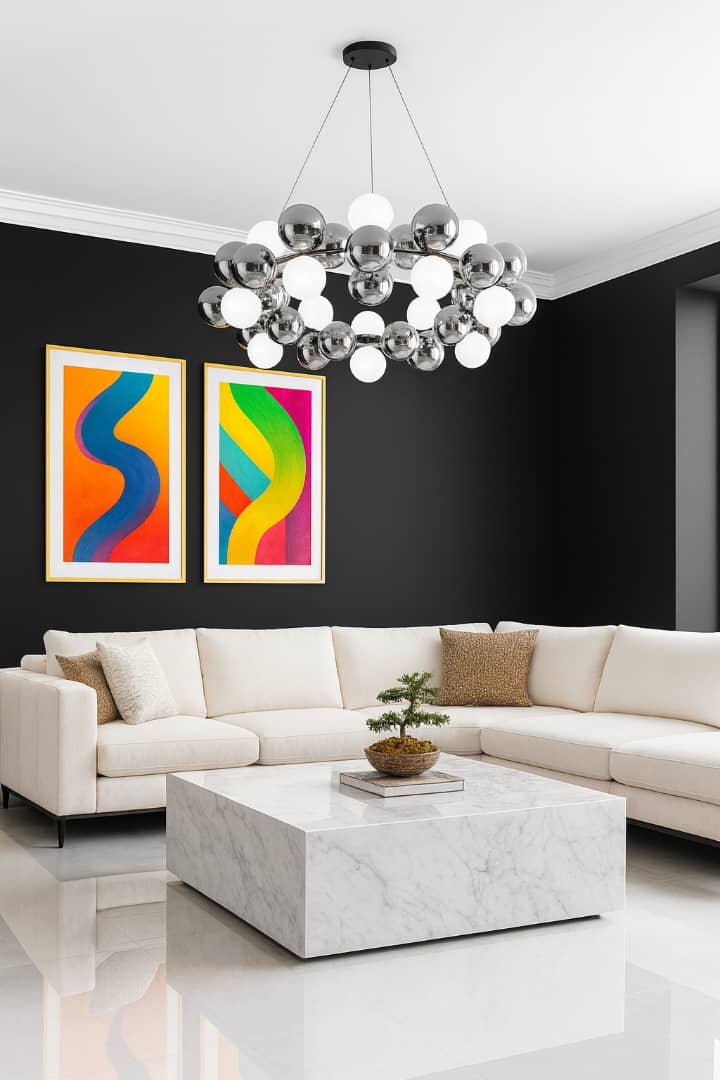 Modern Galactic Sphere Chandelier - Chrome and Frosted Glass Pendant Light