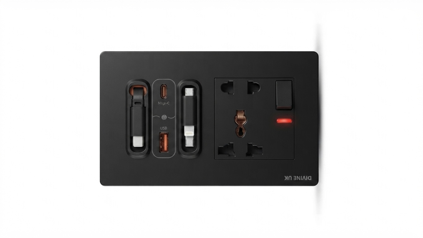 DIVINE UK Premium Multi-Function Wall Socket with Built-In USB & Type-C Ports, Integrated Charging Cables, and Universal AC Outlet — Matte Black