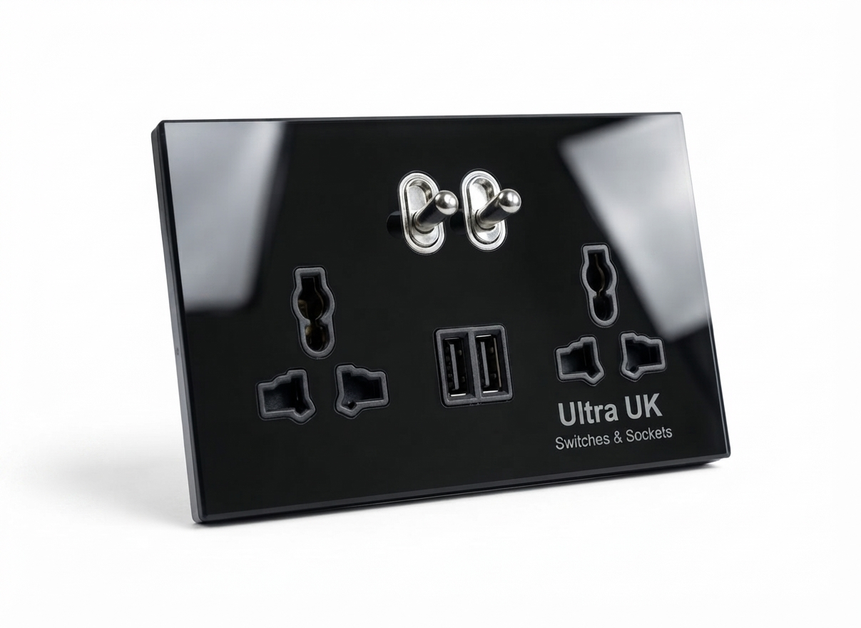 Ultra UK 13 Amp double Switch & Dual Universal Sockets with USB Ports | Gloss Black Glass Plate