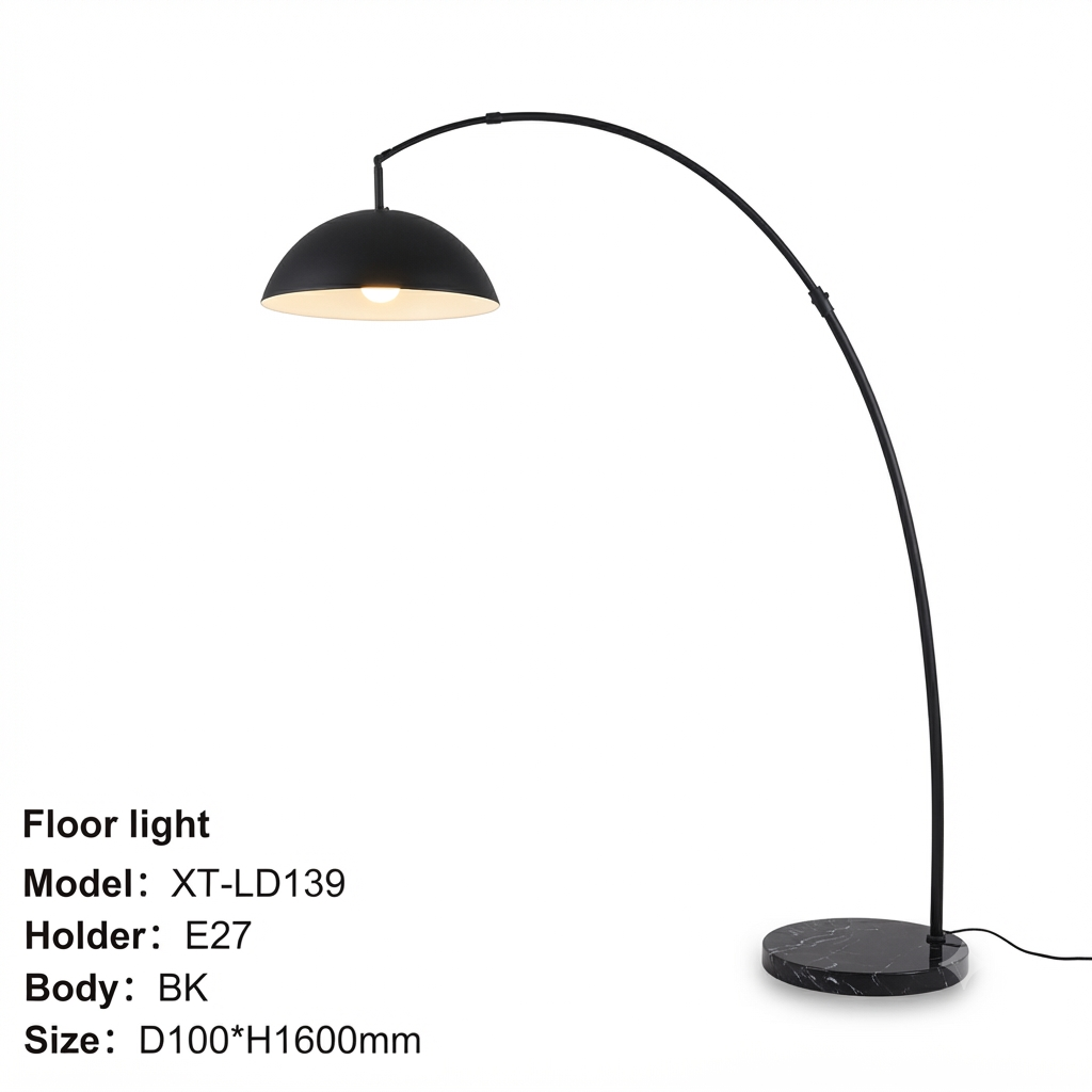 XGSUPER Modern Black Arched Floor Lamp | Model XT-LD139, E27 Bulb Holder, Marble Base & DOME Shade for Living Room & Office