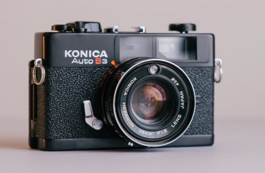 Leica or Canonet rangefinder camera showing the viewfinder window and rangefinder patch