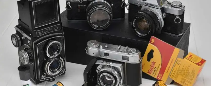 Collection of different film camera types: SLR, rangefinder, TLR and point and shoot arranged on a surface