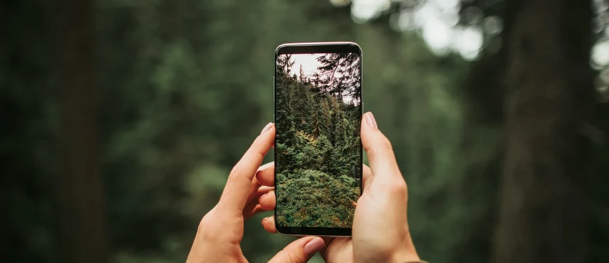 Someone photographing with a smartphone, capturing a street scene or landscape