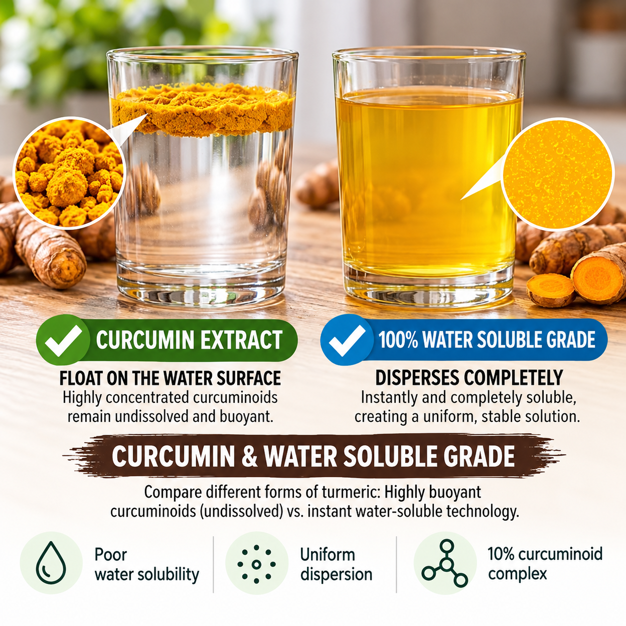 Dispersion comparison: native curcumin clumps and settles, water-soluble curcuminoid disperses evenly