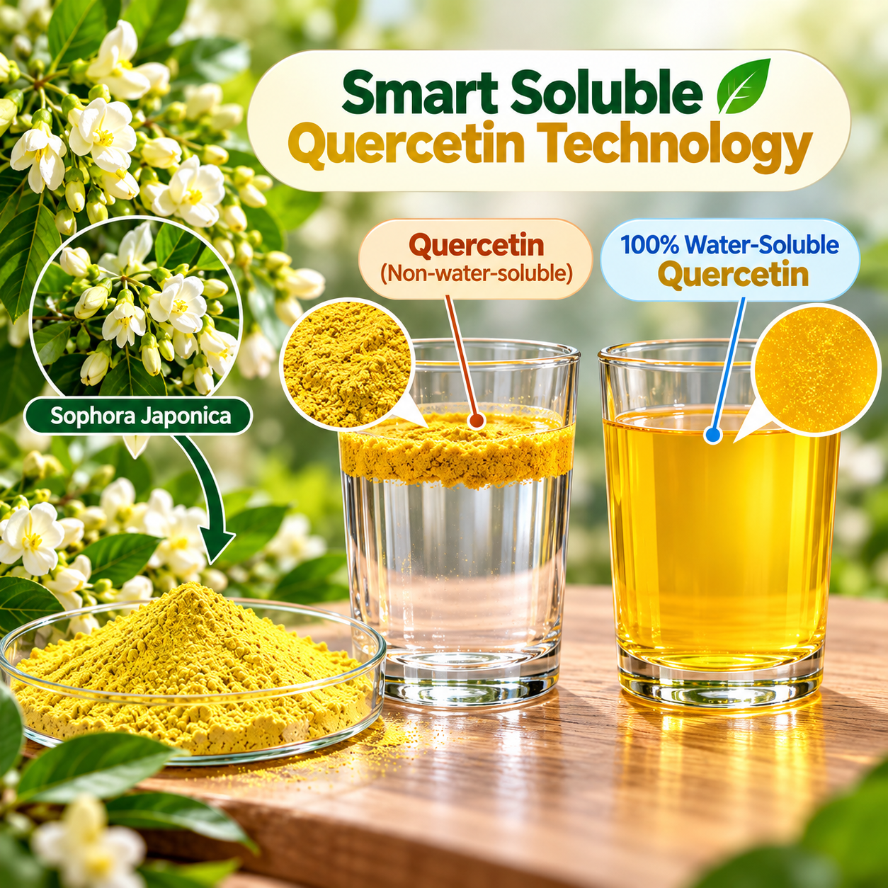 Dispersion comparison: native quercetin clumps and settles, water-soluble quercetin disperses evenly