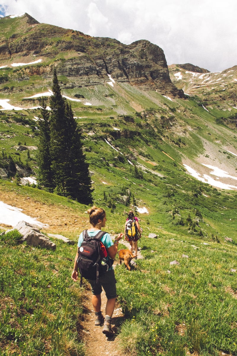 Des randonneurs marchant sur des sentiers en montagnes portant des sacs de randonnée