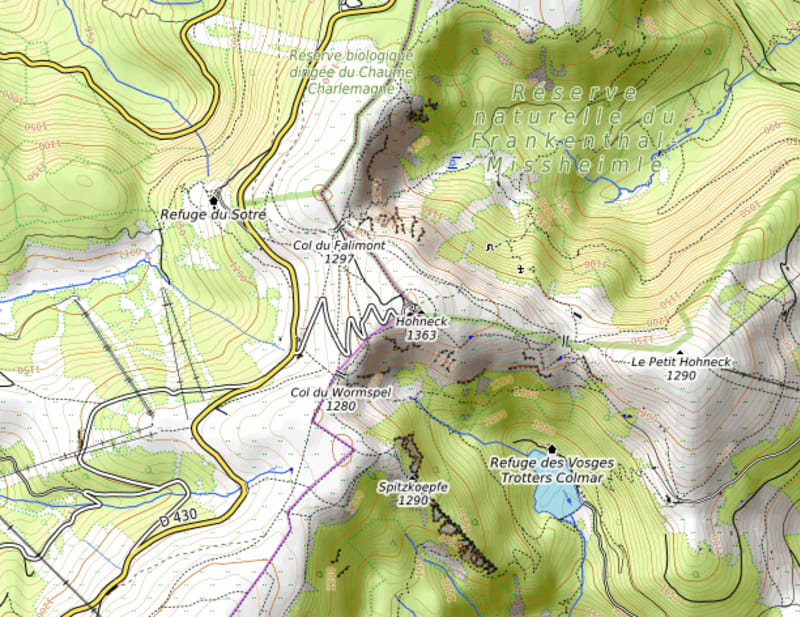 Carte IGN des Vosges autour du sommet du Hohneck
