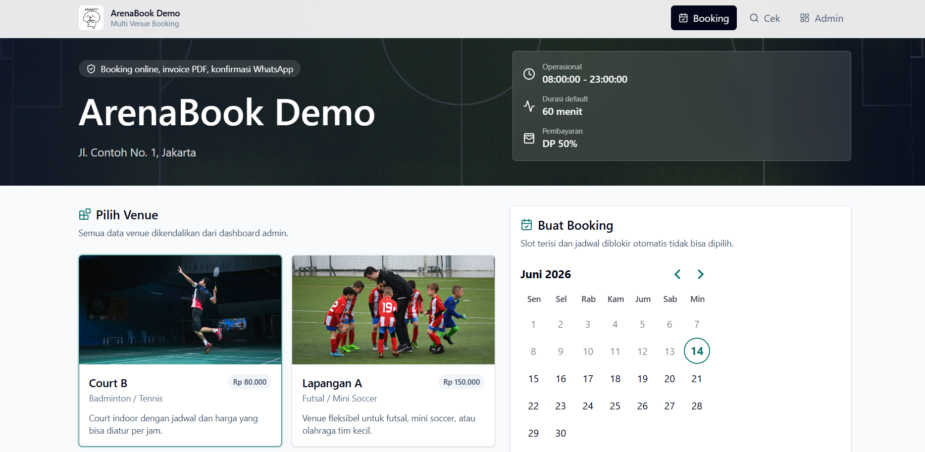 Tampilan proyek Sistem Booking Venue Multi-Tenant