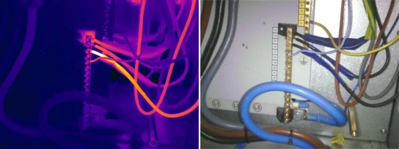Thermal and visual comparison of a loose neutral connection in a three-phase distribution board
