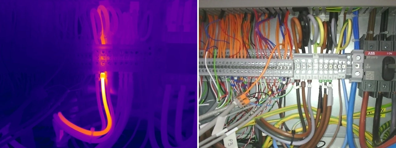 Thermal and visual comparison of a loose cable connection in a DIN terminal