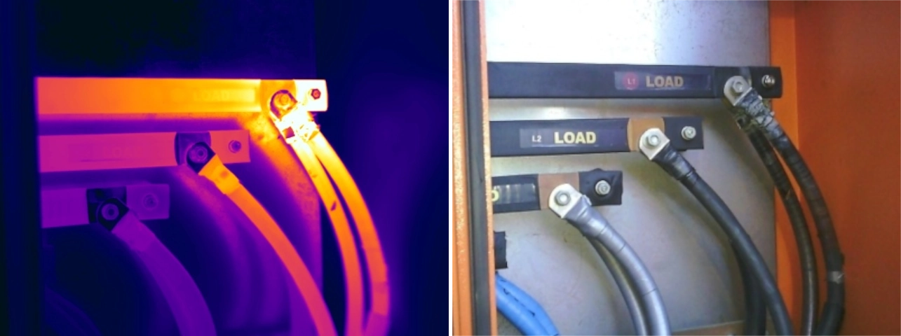 Thermal and visual comparison of high resistance at a cable lug and crimp connection