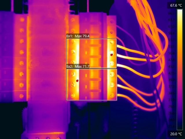 Thermal image showing overloaded mcbs in a three-phase distribution board supplying ev chargers