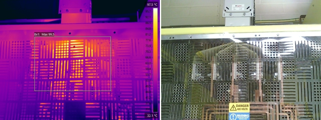 Thermal and visual comparison of overloaded busbar supplying data centre equipment