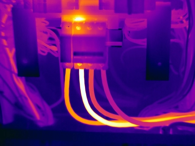 Thermal image showing phase imbalance on the supply to a three-phase distribution board