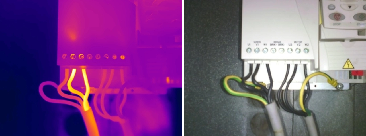 Thermal and visual comparison of phase imbalance on the output of a motor inverter, indicating possible motor winding issues