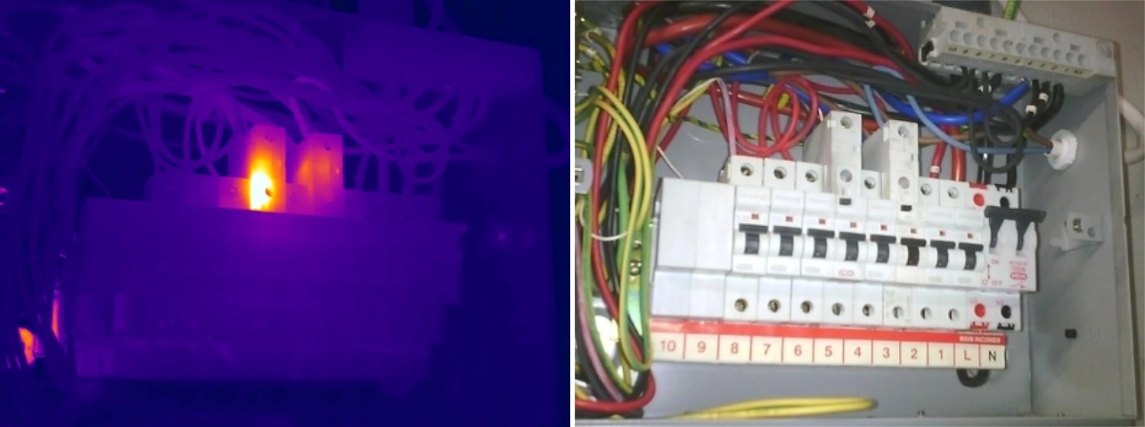 Thermal and visual comparison of abnormal heating within an RCBO consistent with internal deterioration or a developing electrical fault