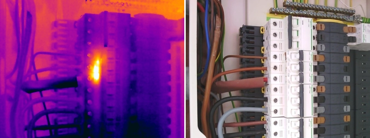 Thermal and visual comparison of abnormal heating within miniature circuit breakers, indicating possible internal deterioration or increased contact resistance