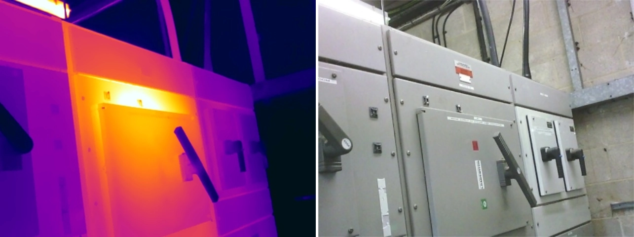 Side-by-side thermal and visual comparison of deterioration within an LV main switch