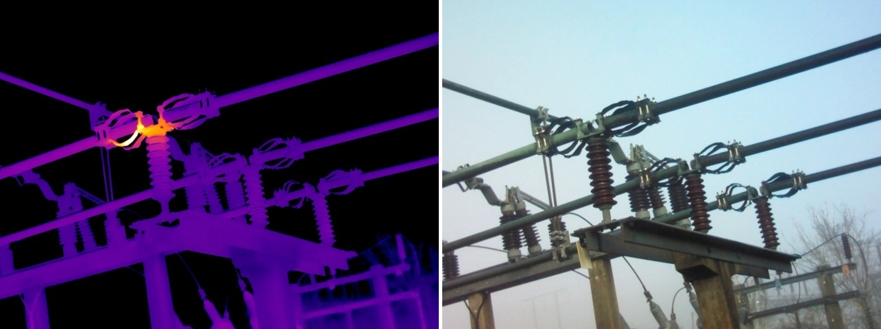 Side-by-side thermal and visual comparison of a 33kV busbar joint defect