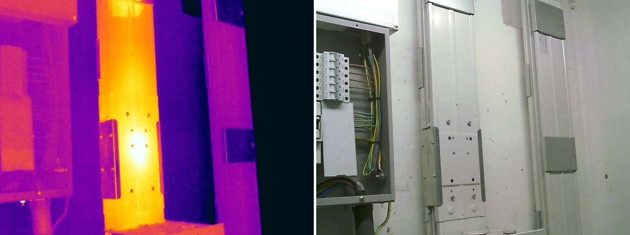 Side-by-side thermal and visual comparison of a rising busbar interconnector defect