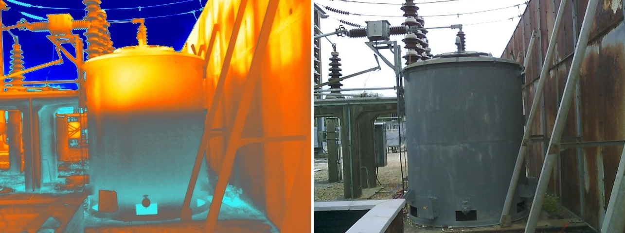 Thermal and visual comparison of an abnormal level pattern within a transformer earth resistor, indicating a low internal liquid level