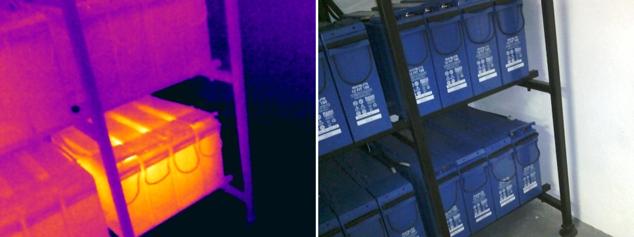 Thermal and visual comparison of an abnormal temperature pattern within a UPS battery bank, indicating a developing battery or connection issue