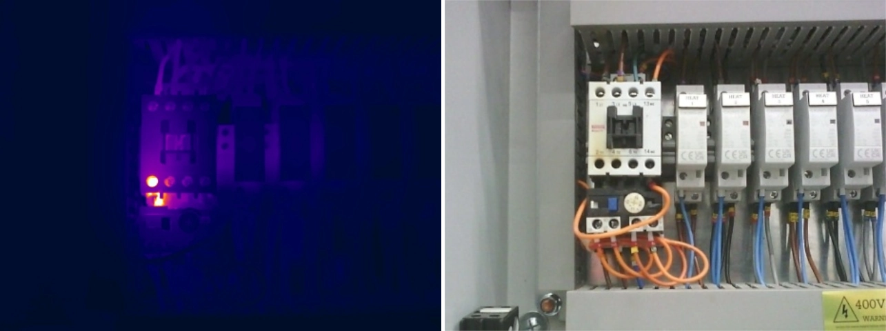 Thermal and visual comparison of localised heating at the connection between a contactor and motor overload device