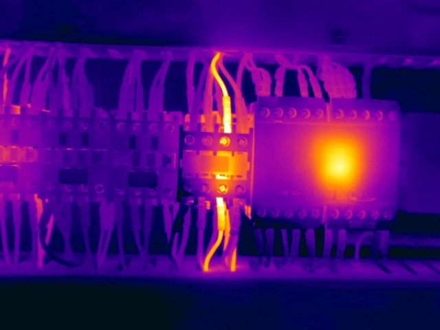 Thermal image showing abnormal heating associated with deterioration of a contactor’s internal contacts