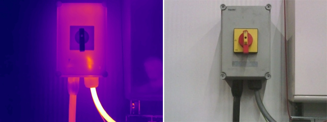 Side-by-side thermal and visual comparison of an isolator connection issue