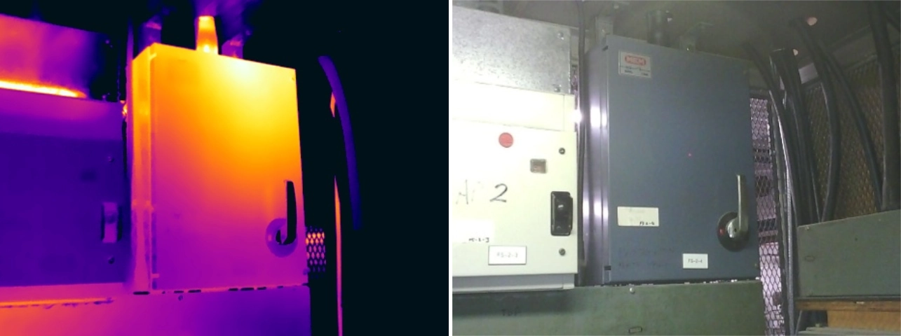 Side-by-side thermal and visual comparison of a switch fuse connection issue
