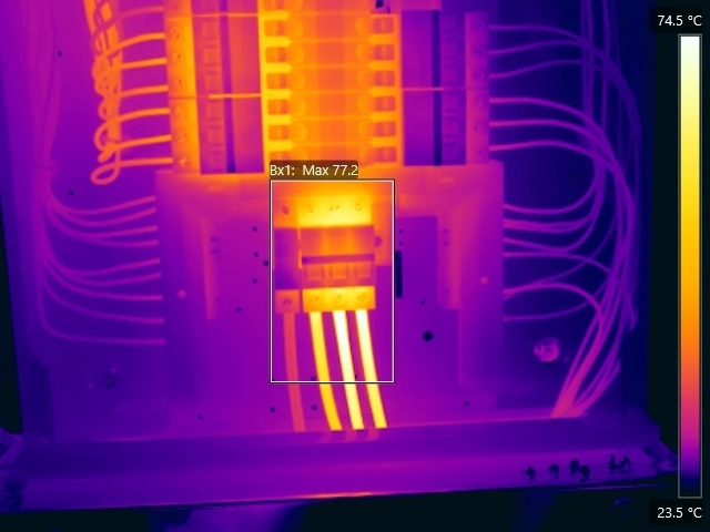 Thermal image showing overloaded supply cables and main switch to a three-phase distribution board