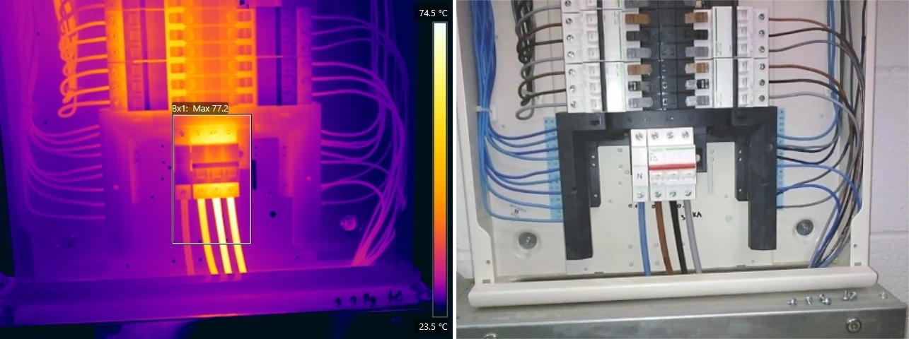 Thermal and visual comparison of overloaded supply cables and main switch to a three-phase distribution board