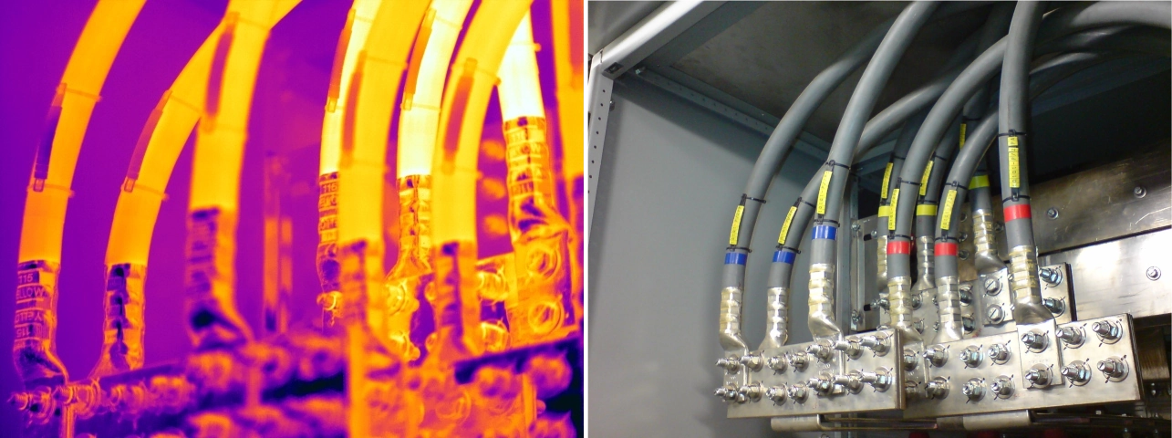 Thermal and visual comparison of suspected phase imbalance at an LV switch panel main incomer, with greater load evident on the yellow L2 phase