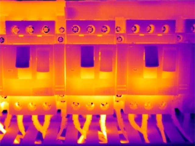 Thermal image showing phase imbalance at the load side of a motor overload unit, indicating possible issues with the supplied motor