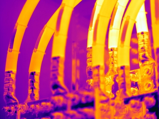 Thermal image showing suspected phase imbalance at an LV switch panel main incomer, with greater load evident on the yellow L2 phase
